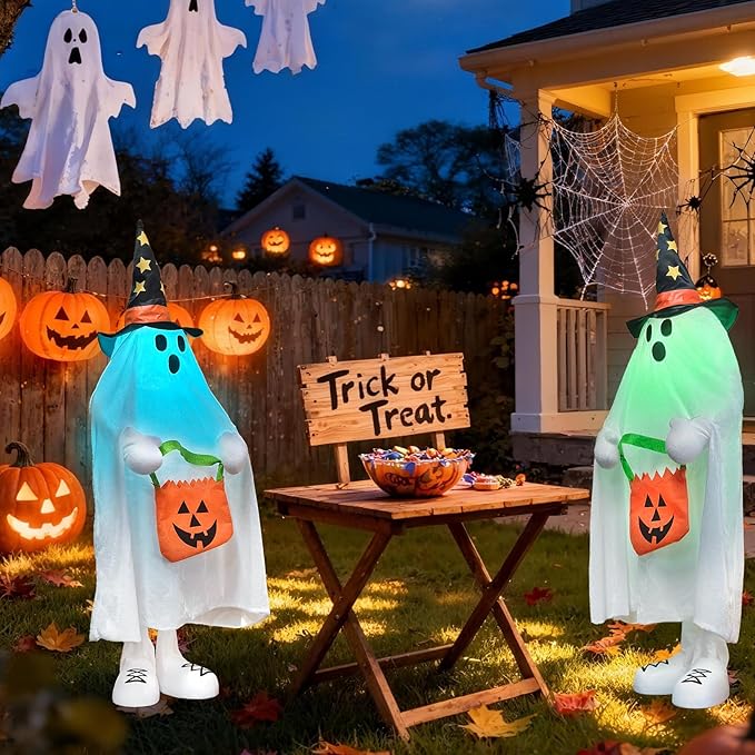 Halloween Decorations Outdoor Light up Ghost Porch Decor with Color Changing Lights & Small Candy Bag for Trick or Treat, 37" Halloween Party Favors Indoor Home Decor, Spooky Gifts for Kids & Adults