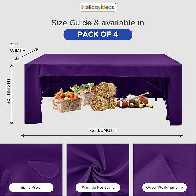HolidayIdeas Open Back Fitted Tableclothss for 6 Foot Rectangle Table, Wrinkle Resistant Washable Table Covers 72x30 Inch for Craft Fairs, Banquets, Trade Show Display, Purple,4 Pcs