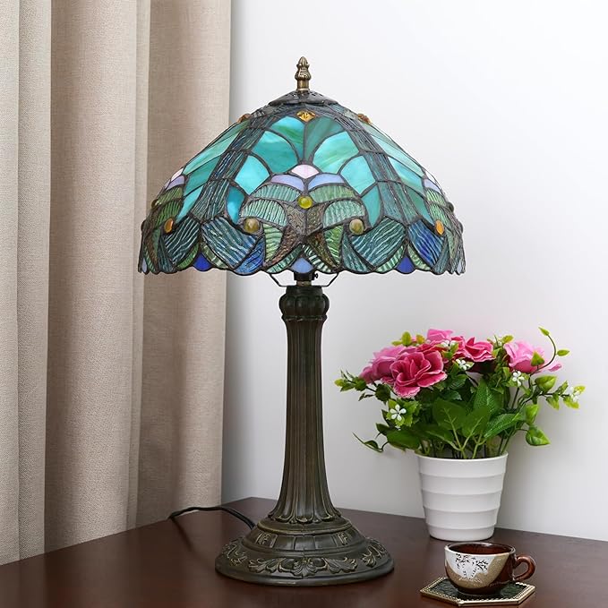 Tiffany Stained Glass Table Lamp, Retro-Style Blue Spot Bedside Lamp, Suitable for Home Decoration Art in Bedrooms, Dormitories, Living Rooms, Etc. (12 Inches)