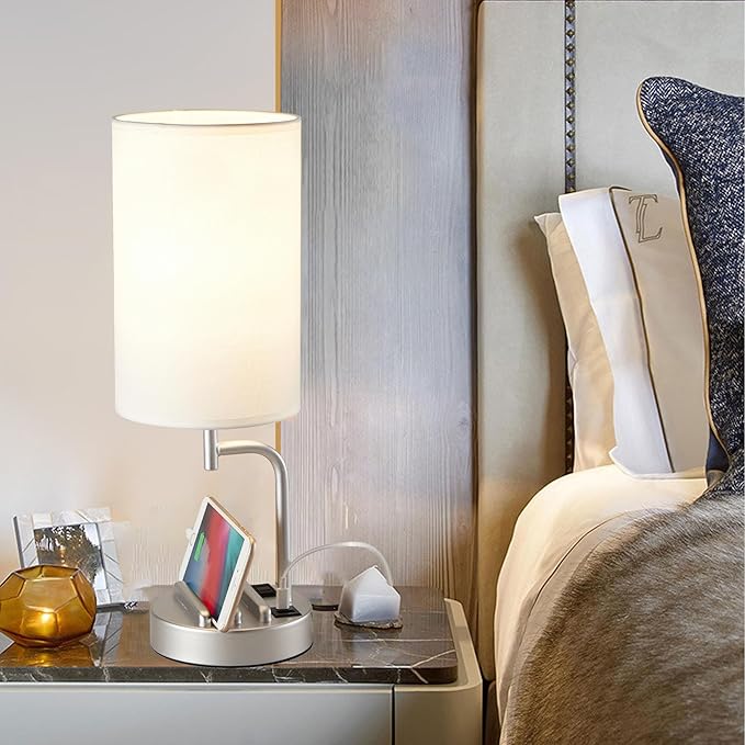 Dreamholder Touch Control USB Table Lamp, Upgraded 3-Way Dimmable Bedside Desk Lamp with USB C & A Charging Ports and AC Outlet, Nightstand Lamp for Bedroom, Dimmable Bulb Included, Silver