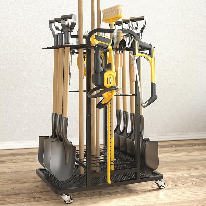 SOYEEZE Garden Tool Organizer with Lockable Wheels, 3-Tire Heavy Duty Yard Tower Tool Rack for Garage, Up to 35 Long-Handled Tools, Garden Tool Cart with 12 Hooks for Tool Organization and Storage