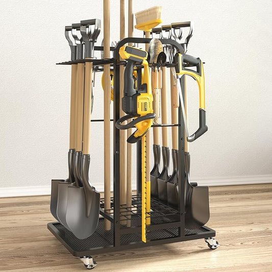 SOYEEZE Garden Tool Organizer with Lockable Wheels, 3-Tire Heavy Duty Yard Tower Tool Rack for Garage, Up to 35 Long-Handled Tools, Garden Tool Cart with 12 Hooks for Tool Organization and Storage