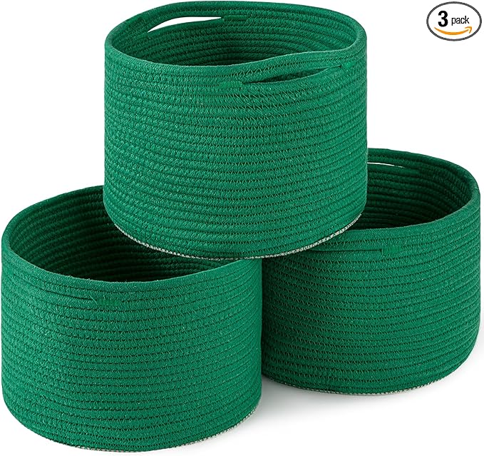OIAHOMY Small Storage Baskets for Organizing,Closet Cube Shelf Storage, 9.8”×9.8”×7.1”, Woven Cotton Rope Gift Baskets for Nursery,Cute Dog Toy bins, Round 3 Packs, Green