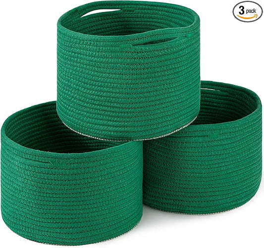 OIAHOMY Small Storage Baskets for Organizing,Closet Cube Shelf Storage, 9.8”×9.8”×7.1”, Woven Cotton Rope Gift Baskets for Nursery,Cute Dog Toy bins, Round 3 Packs, Green