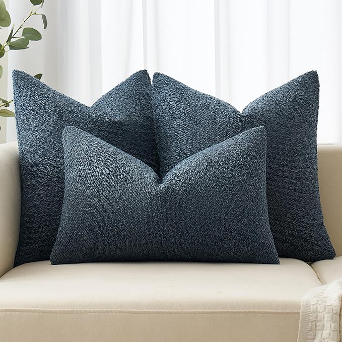 MIULEE 12x20 Inch Decorative Lumbar Throw Pillows for Bed Set of 2 Textured Boucle Neutral Throw Pillow Covers Dark Blue Accent Solid Pillowcase Cozy Soft Sofa Livingroom Home Decor