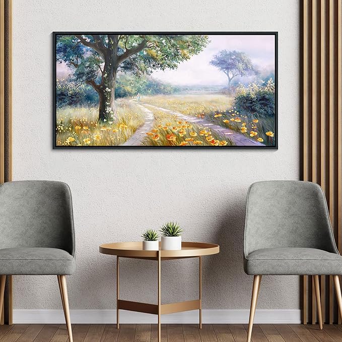 CHATYOUNG Framed Wall Art Vintage, Country Road Yellow Flowers Misty Landscape Painting Poster Prints Wildflowers Wall Pictures for Living Room Bedroom Bathroom Farmhouse Wall Decor 20"X40"