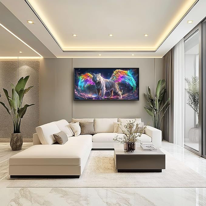 Flintis Large Tiger Wall Art White Tiger Angel Wings Pictures Wall Decor Abstract Animal Canvas Painting Print Artwork Decoration Framed for Living Room Bathroom Master Bedroom Office 60L x 30W