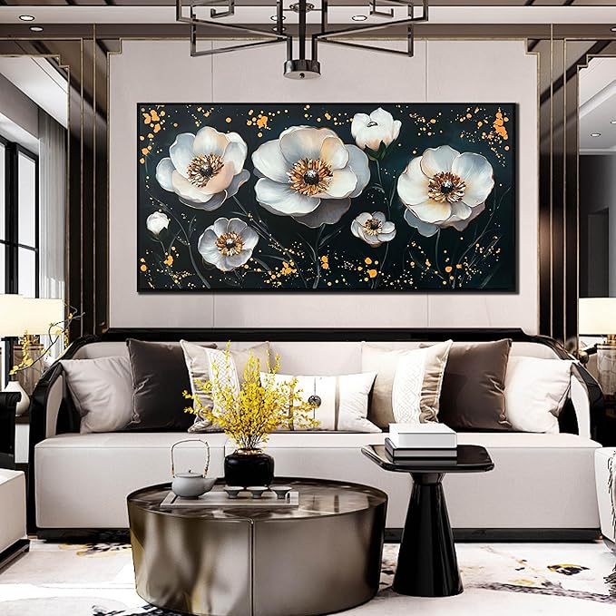 CIRABKY Gold and White Flower Hand Painted Wall Art for Bedroom - Black and White Art Pictures for Wall in Living Room - Big Picture Frames for Wall Size 29" x 59"