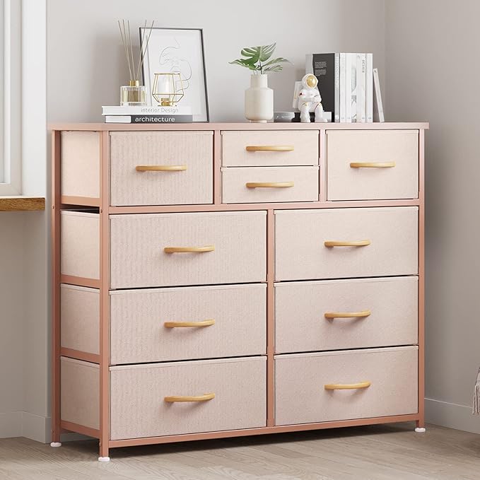 LUMTOK 10-Drawer Dresser, Fabric Storage Dressers Drawers for Bedroom, Hallway, Nursery, Closets, Steel Frame, Wood Top, Easy Pull Handle (Rose Gold)