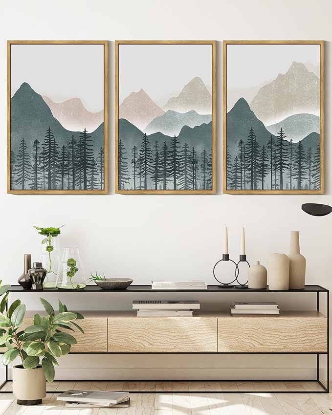 KUVIOKE Mountain Landscape Framed Wall Art Boho Nature Forest Paints Rustic Farmhouse Decor for Bedroom Dining Room Living Room 16x24in (Natural Framed)