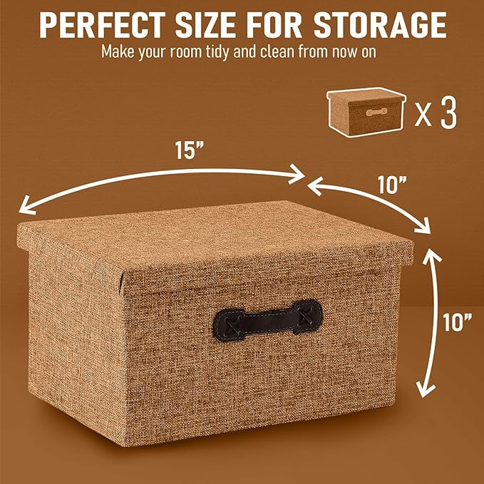 Enzk&Unity Decorative Storage Bins with Lids, Fabric Linen Foldable Storage Box with Handle Home Organizer for Shelf, Closet, Bedroom, Living Room, Office, 3 Packs, Brown