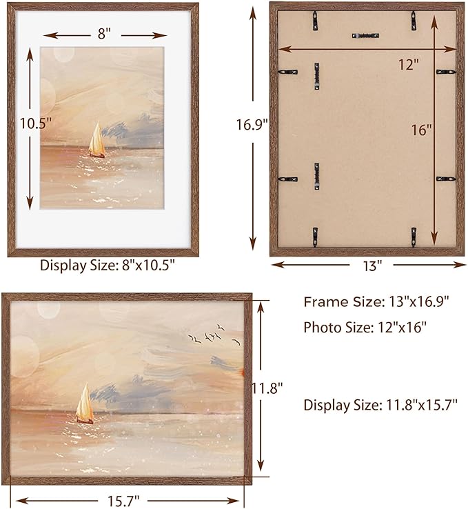 12x16 Picture Frames, Solid Oak Wood 12"x16" Picture Frame - Tempered Real Glass, 12x16 Frame Matted to 8.5x11, 12 x 16 Photo Frames for Wall, Rustic Wall Gallery Frame (Walnut Color, 3 Pack)
