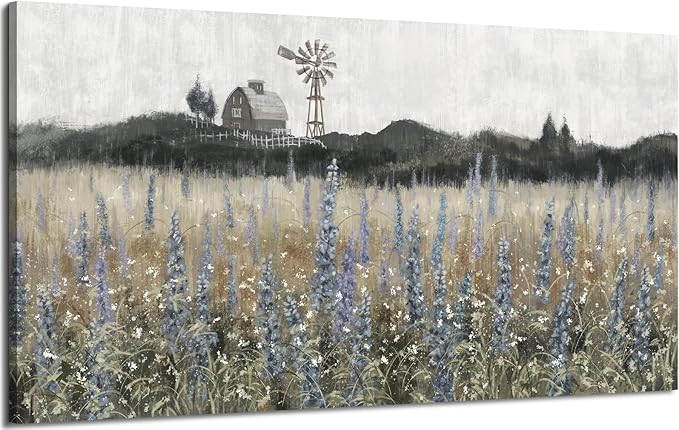 Large Wall Art for Living Room Vintage Farmhouse Decor Nature Wildflower Field Landscape Wilderness Meadow Painting Classical Scenery Canvas Print Rustic Countryside Windmill Barn Artwork 24x48inch