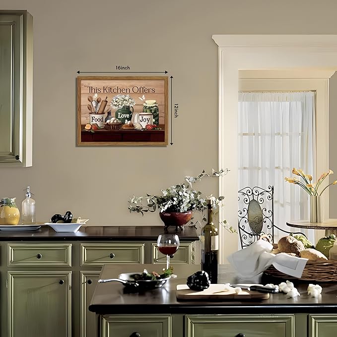 Kitchen Wall Art, Vintage Rustic Farmhouse Food Still Life Wall Decor Paintings, This Kitchen Offers Food Love and Joy Canvas Pictures Posters Prints for Dining Room Home Decor 12x16 Inch Wood Framed