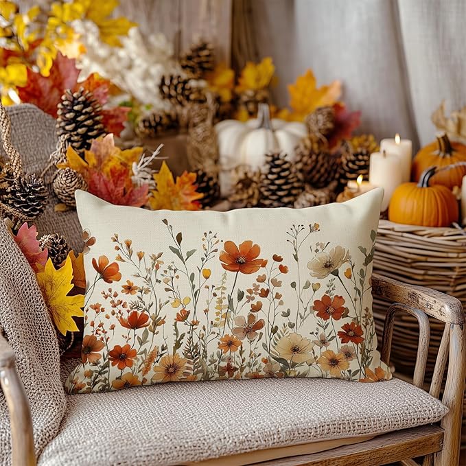 AACORS Fall Pillow Cover 12x20 Inch Floral Decoration Pillow Case Autumn Seasonal Decor for Home Sofa Couch AA730-12