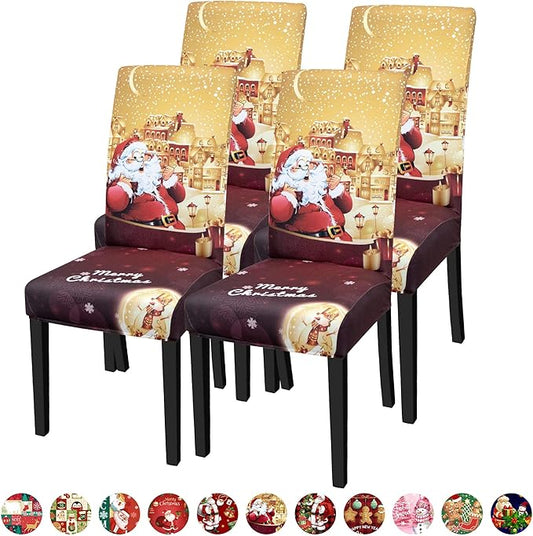 Christmas Chair Covers, Stretch Dining Covers, Dining Room Chair Covers Set of 4, Removable Washable Dining Chair Slipcovers for Home Hotel Banquet Holiday Decoration