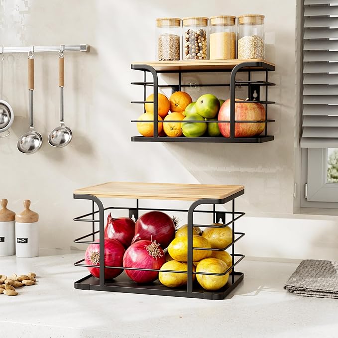 2 Pack Potato and Onion Storage Bin,Stackable Pantry Organizers and Storage with PP Liner and Bamboo Top,Kitchen Organization Counter Basket for Fruits,Produce,Vegetable, Black