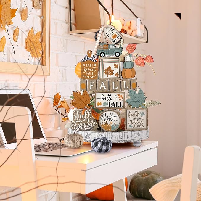 21 Pcs Fall Tiered Tray Decoration Set Thanksgiving Table Sign Pumpkins Farmhouse Decor Gnome Maple Leaves Centerpieces Harvest Wood Blocks Signs Fall Block Tabletop for Autumn(Classic)