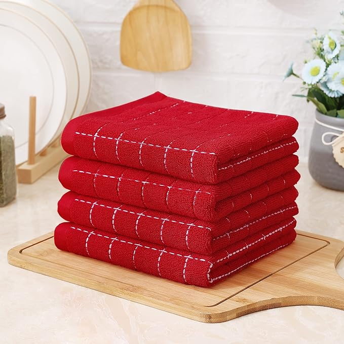 Homaxy 100% Cotton Terry Kitchen Towels(Red, 13 x 28 inches), Checkered Designed, Soft and Super Absorbent Dish Towels, 4 Pack