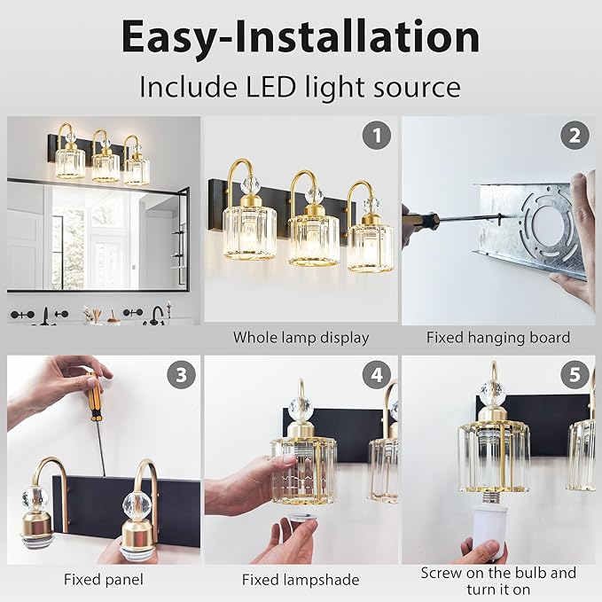 Black Gold 3-Crystal Bathroom Vanity Lights Bundle (Round + Square) - Over Mirror Makeup Lighting for Modern, Farmhouse Baths, Desks & Hallways