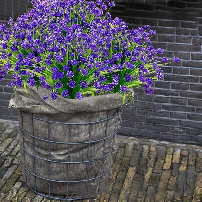 TURNMEON 20 Bundles Artificial Flowers for Outdoors Fake Plants Summer Decor, UV Resistant Artificial Plants Cemetery Fake Flowers Faux Plastic Greenery Shrubs for Home Porch Decor 580 Heads(Purple)