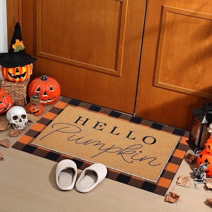 2 Pcs Halloween Door Mat Thanksgiving Hello Pumpkin Welcome Non Slip Coir Mats Fall Black Orange Buffalo Plaid Floor Layering Doormats Seasonal for Front Porch Entryway Decor(Black Orange)