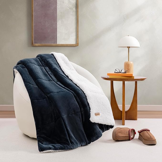 UGG Nita Throw Blanket Soft Reversible Plush Throw for Couch or Bed Washable Warm Fluffy Blanket for College Dorm Room Essentials and Bedding with Down Alternative Fill, 50-inch x 70-inch, Navy Blue