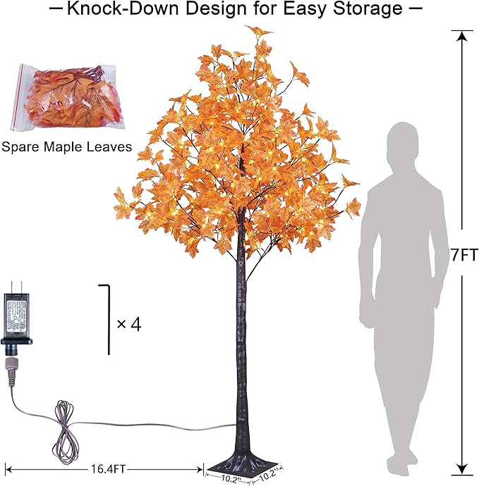 Lightshare 7FT LED Lighted Maple Tree - Dotted with 208 Warm White LED Lights Orange for Thanksgiving Harvest Fall Festival Home Party Decoration