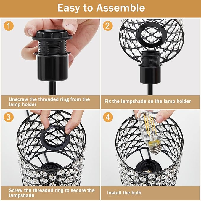 Touch Control Table Lamp, Black Crystal Table Lamps Set of 2 with 2 USB Charging Ports, 3-Way Dimmable Bedside Nightstand Lamps for Living Room, Bedroom, Guest Room, Bulbs Included