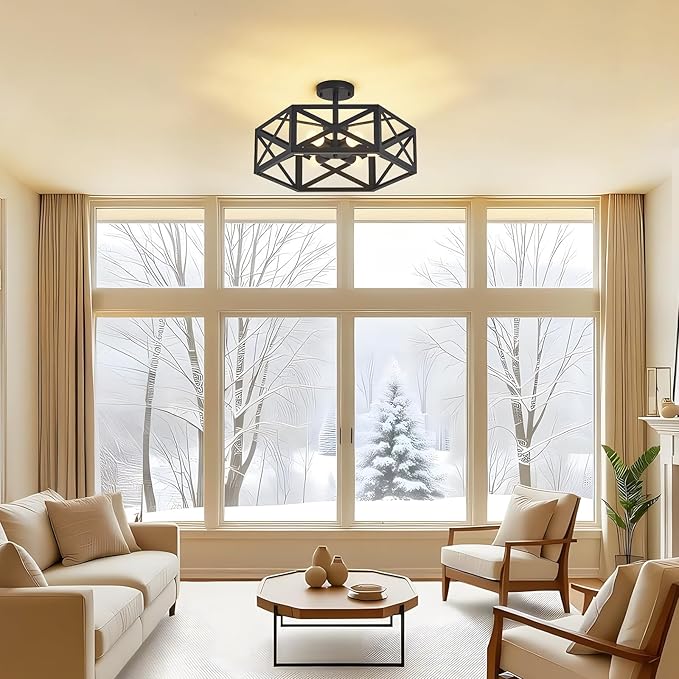 Modern Semi Flush Mount Ceiling Light with Remote Control,19.7" 6-Light Hexagon Flush Mount Ceiling Lights for Dining Room Light Fixture,Farmhouse Kitchen Island Lighting Fixtures for Hallway