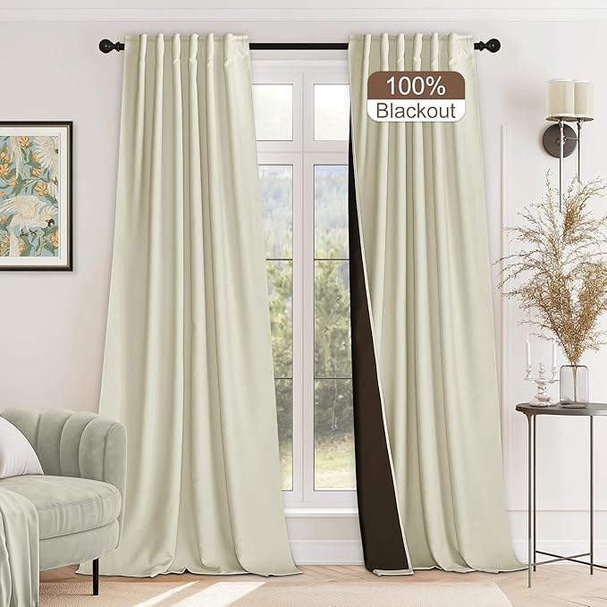 StangH Beige Blackout Velvet Curtains 96 inches, Back Tab Soft Chenille Thermal Insulated Window Drapes Heavy Thick Privacy Panels for Bedroom/Sliding Door, W52 x L96, 2 Panels