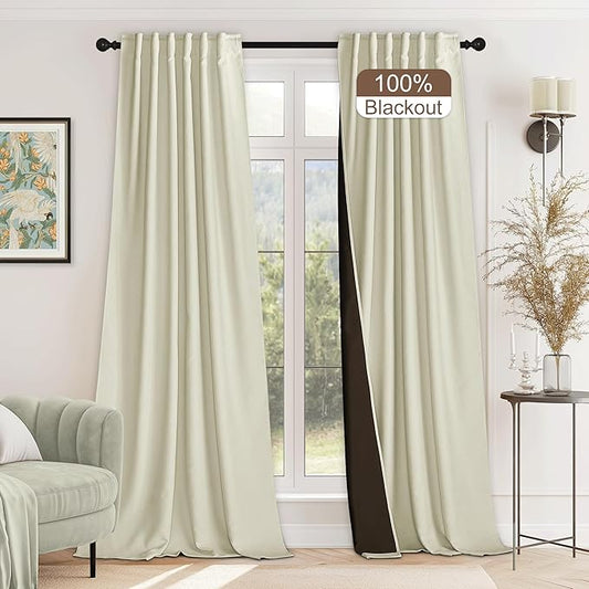 StangH Beige Blackout Velvet Curtains 96 inches, Back Tab Soft Chenille Thermal Insulated Window Drapes Heavy Thick Privacy Panels for Bedroom/Sliding Door, W52 x L96, 2 Panels