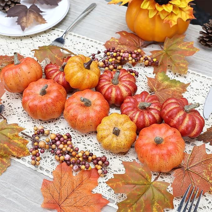 Realistic Mini Pumpkin Decor Indoor 16PCS Artificial Pumpkins for Fall Decorations for Home Fall Centerpieces for Tables Outdoor Thanksgiving Halloween Party/Berries Maple Leaf Autumn Fillers decor