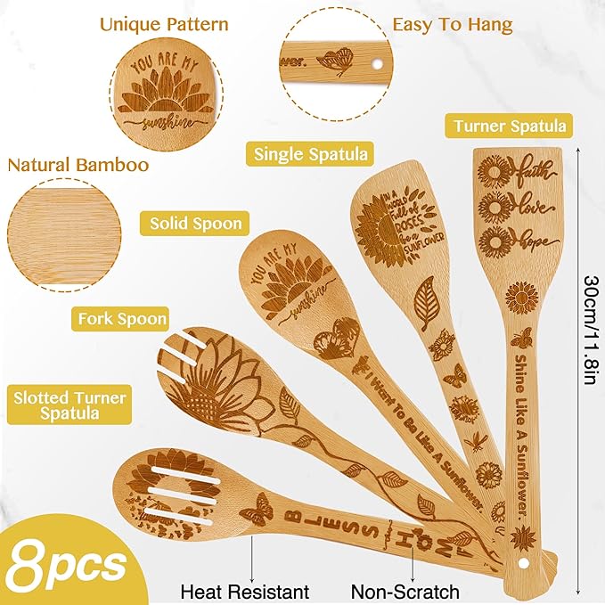 Sunflower Kitchen Decor Utensil Set -Bamboo Cooking Spoon with Apron Oven Mitt Pot Holder -Sunflower Kitchen Accessories,Home Decorations Gifts for Women-Housewarming,Birthday Gift,8PCS