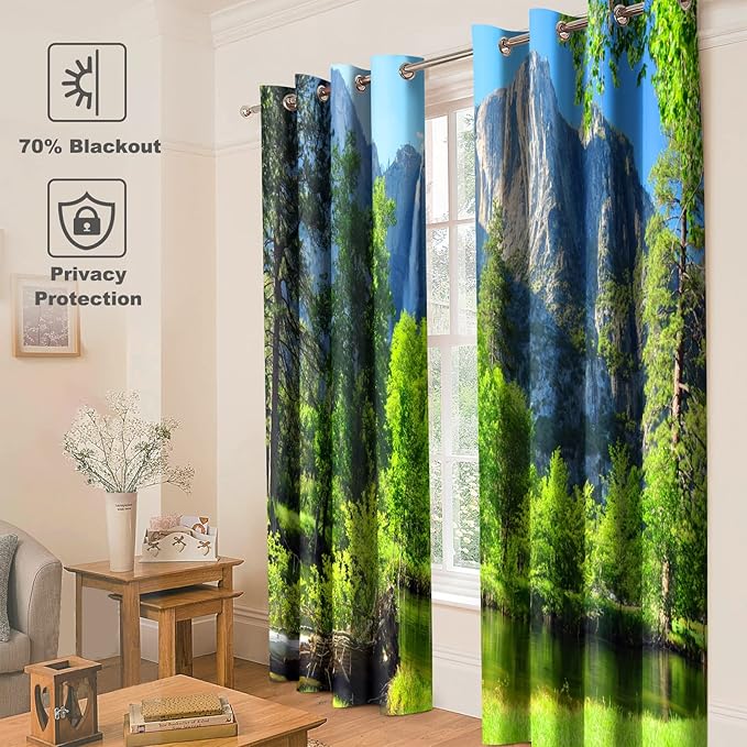 Jekeno Mountains Forest Blackout Curtains Jungle Green Trees River Lake in Bright Sunshine Nature Scenery Decor Bedroom Living Room Darkening Grommet Window Drapes 2 Panel Set, 52"x84"