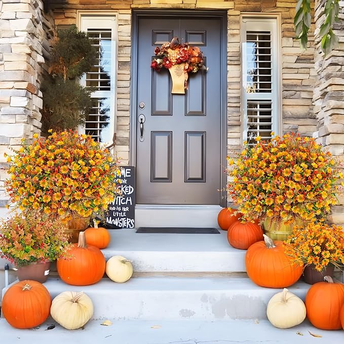 64 Pcs Artificial Fall Flowers - UV Resistant Fake Mums Outdoor Faux Plants for Home Garden Patio Porch Window Box Thanksgiving Decor