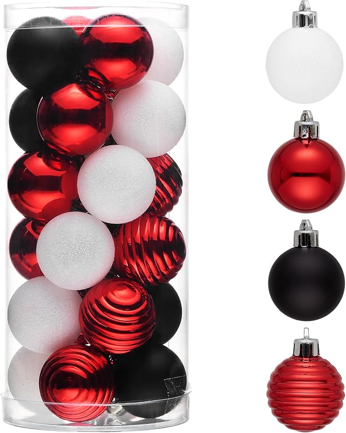 Valery Madelyn 1.57 Inches Small Christmas Tree Decorations Ornament Set for 4th of July Fall Halloween, 24ct Red and Black Shatterproof Hanging Ball Ornaments Holiday Party Decor