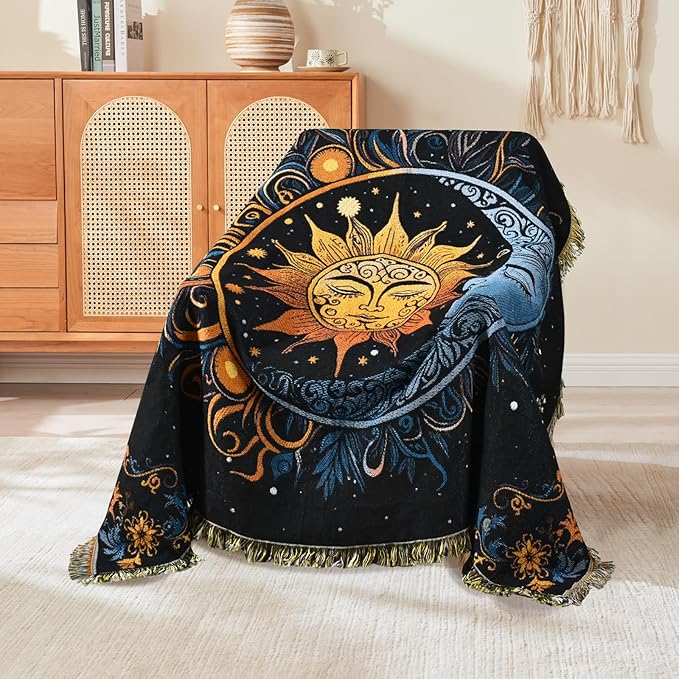Boho Throw Blanket Reversible Cotton Bohemian Tapestry Hippie Room Decor Outdoor Blanket Double Sided (Black Sun Moon 50"x60")
