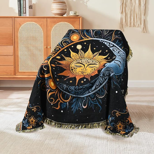 Boho Throw Blanket Reversible Cotton Bohemian Tapestry Hippie Room Decor Outdoor Blanket Double Sided (Black Sun Moon 50"x60")
