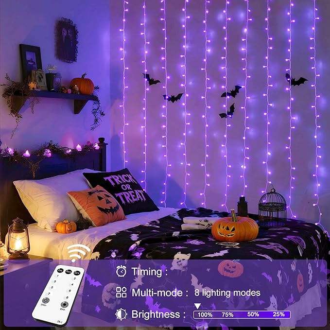 JMEXSUSS 300LED Purple Halloween Lights with Remote, Curtain Hanging Light Plug in, 8 Modes Purple String Lights for Bedroom Window Wall Party Backdrop Christmas Halloween Decorations