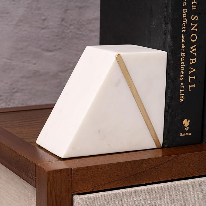 Cork & Mill Marble Book Ends for Shelves, Decorative Bookends for Heavy Books, Unique Mid Century Modern White and Gold Bookends with Brass Inlay, Heavy Duty Bookshelf Stopper, Set of 2