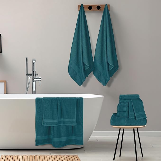 GLAMBURG Ultra Soft 24-Piece Towel Set - 100% Pure Ringspun Cotton, Contains 8 Oversized Bath Towels 27x54, 8 Hand Towels 16x28, 8 Wash Cloths 13x13 - Ideal for Everyday use, Hotel & Spa - Teal