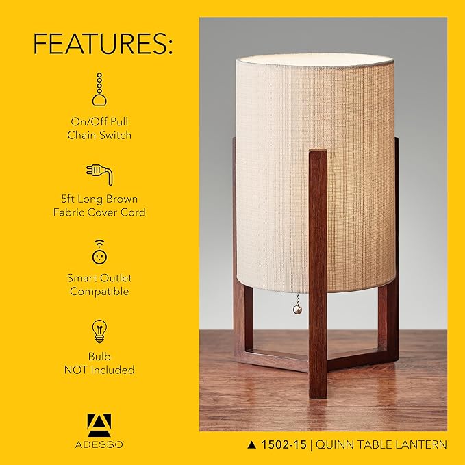 Adesso Quinn Table Lantern - Walnut Birch Wood & Natural Linen Shade – Perfect Nightstand, End Table, and Desk Lamp