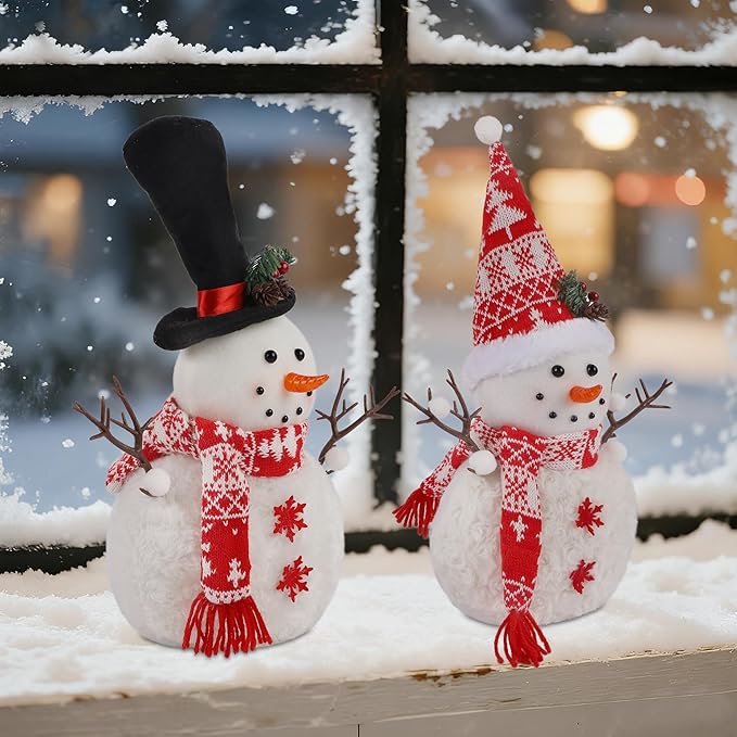 Set of 2 Christmas Plush Snowman Doll Tabletop Decorations, Christmas Snowman Ornaments for Home Kitchen Xmas Holiday Party Decor