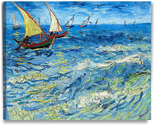 DECORARTS - Fishing Boats at Sea, Vincent Van Gogh Art Reproduction. Giclee Print on Canvas. Wall Art for Home. 40x32