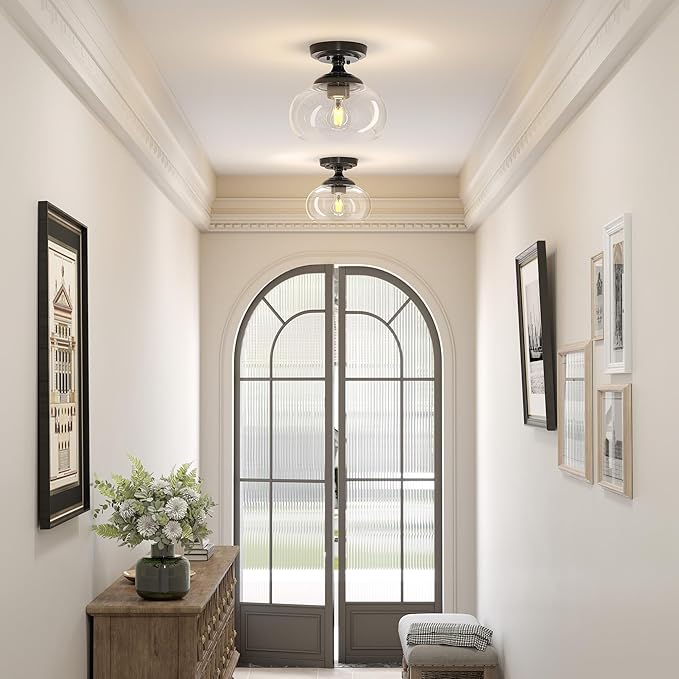 VONLUCE Industrial Semi Flush Mount Ceiling Light, 8.3" Ceiling Light Fixture with Clear Glass Shade, Farmhouse Lighting for Hallway Kitchen Bedroom Entryway, Matte Black Flush Mount Light Fixture