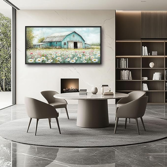 Farm Barn Large Wall Art for Living Room Framed, Farmhouse Wall Decor Pictures, Teal Barn Canvas Print Painting, Aesthetic Artwork Bedroom Office Home Decor 60"x30"