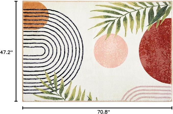 RoomTalks Mid Century Modern Washable Rug, Boho Cute Aesthetic 4x6 Area Rugs for Bedroom Dining Living Room Kitchen, Abstract Tropical Leaves Non Slip Thin Indoor Entryway Rug Accent Floor Carpet