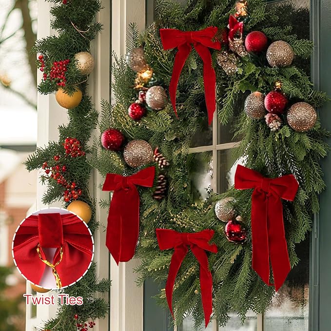 Christmas Decorations - Christmas Bows - 24 Pcs 7 x 6 inch Medium Red Velvet Bows for Christmas Tree - Burgundy Xmas Ribbon Ornaments - Home Decor for Wreath Garland Gift Wrapping Crafts Wedding Party