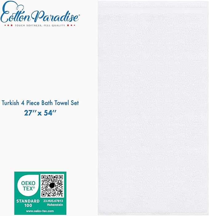Cotton Paradise 4 Piece Turkish Bath Towels for Bathroom, Extra Large Soft Plush Towels Bathroom Set, White